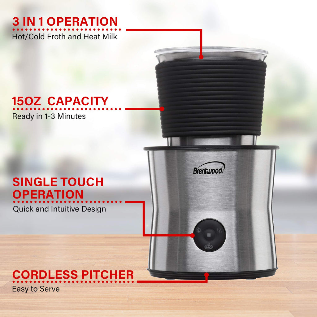Brentwood GA-401S 15oz Cordless Electric Milk Frother, Warmer & Hot Chocolate Maker, Stainless Steel - Hot Froth, Cold Froth, Heat