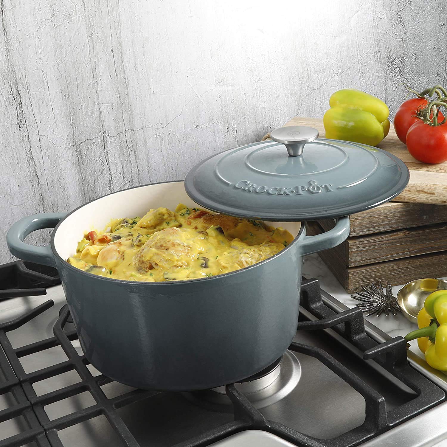 Crock-Pot Artisan 7-Quart Round Enameled Cast Iron Dutch Oven with Lid – Slate Gray