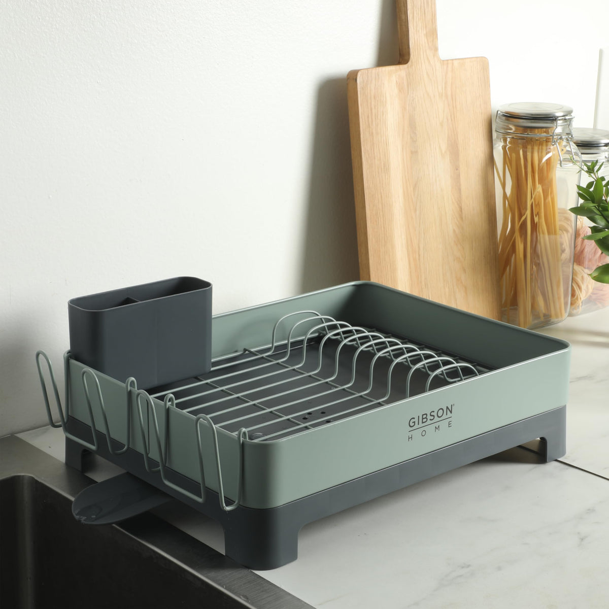 Gibson Home Nestcraft Rust-Resistant Stainless Steel Dish Rack with Swivel Drain Spout & Utensil Holder - Green