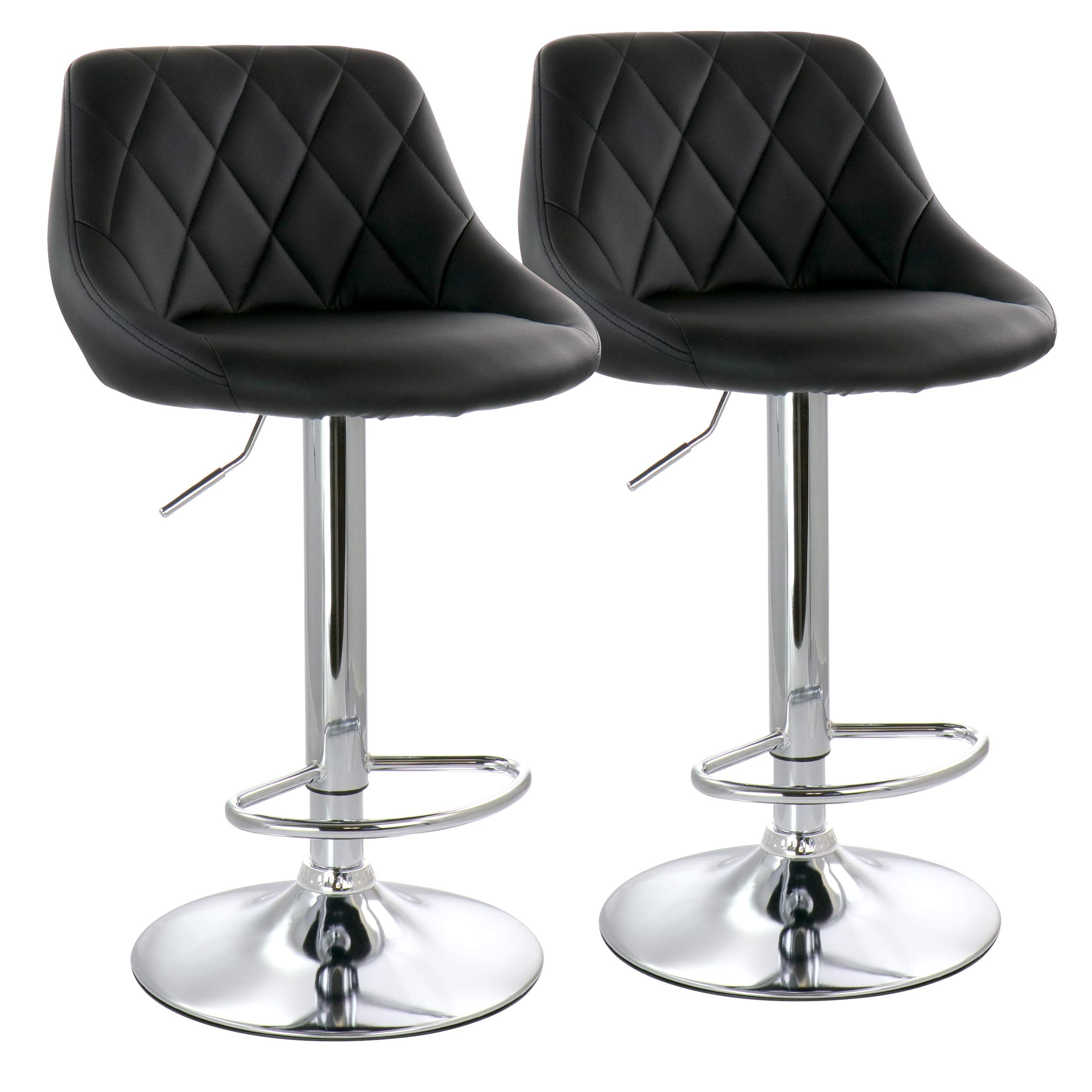 Elama Diamond Stitched Faux Leather Adjustable Bar Stool Set of 2 – Black with Chrome Swivel Base