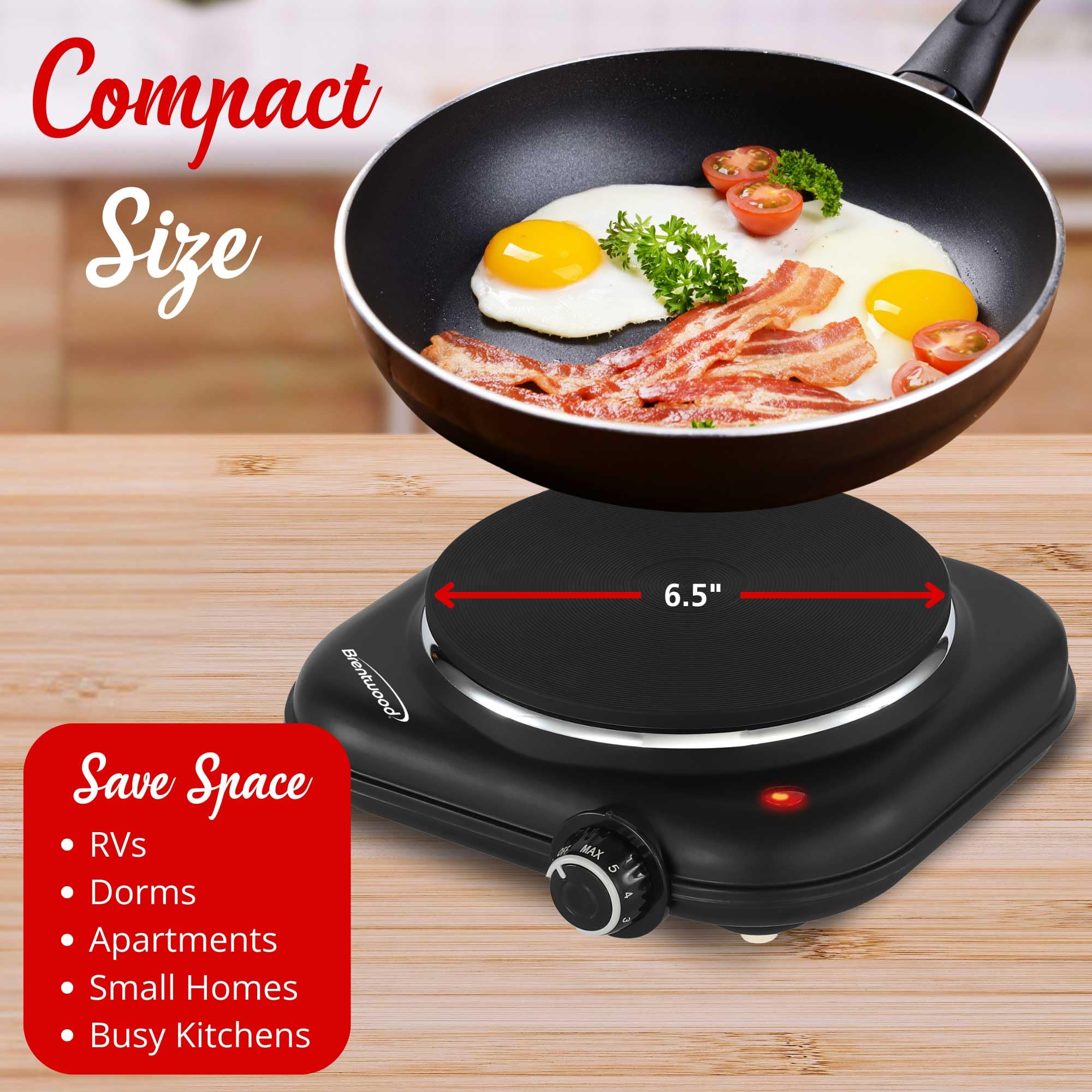 Brentwood TS-331BK 1100W Single Cast Iron Burner Hot Plate - Black, 6.5-Inch Plate with Temperature Control, Works with Any Cookware