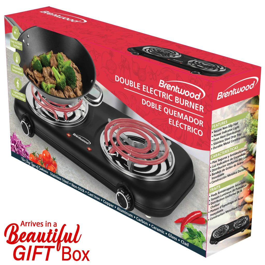 Brentwood TS-363BK 1100W Countertop Double Coiled Electric Burner - Black, Temperature Control with Power Indicator