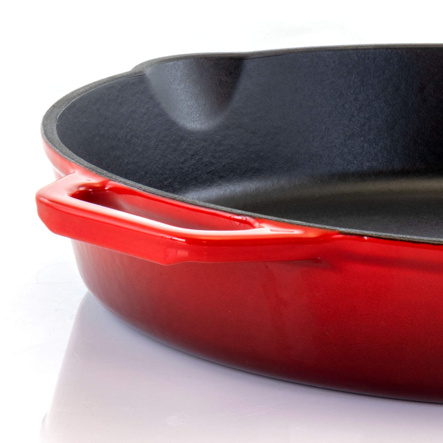 MegaChef MG-FR26AR 10.25 in Enameled Cast Iron Skillet, Gradient Red, Enamel Interior, Dual Pour Spouts, Oven Safe to 450°F