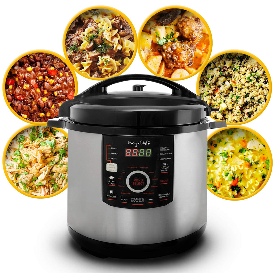 MegaChef 12-Quart XL Digital Pressure Cooker & Electric Multi-Cooker, 1600W, 15 Presets, Glass Lid