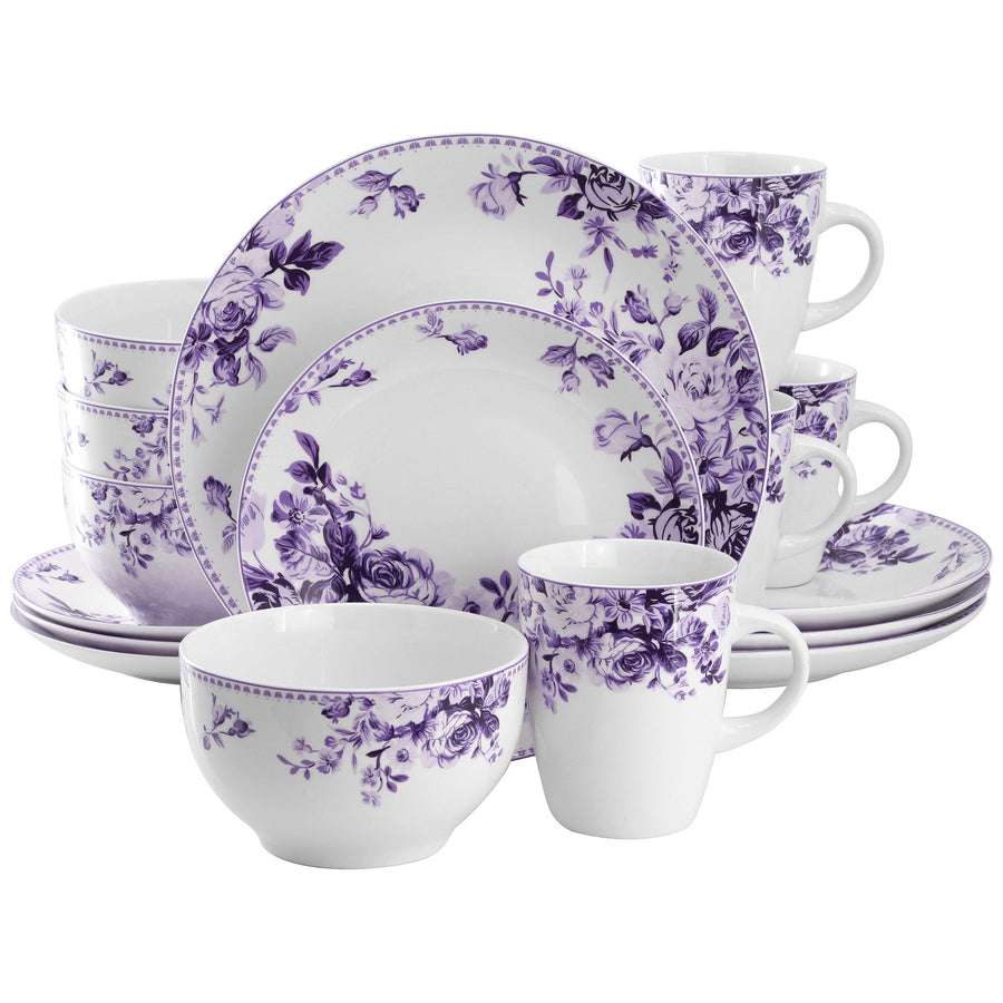 Elama Traditional Rose 16-Piece Purple Stoneware Dinnerware Set - Service for 4