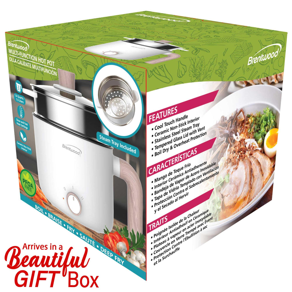Brentwood HPS-3172W 1.5L Multi-Function Electric Hot Pot Cooker & Steamer, White - 600W Ceramic Non-Stick