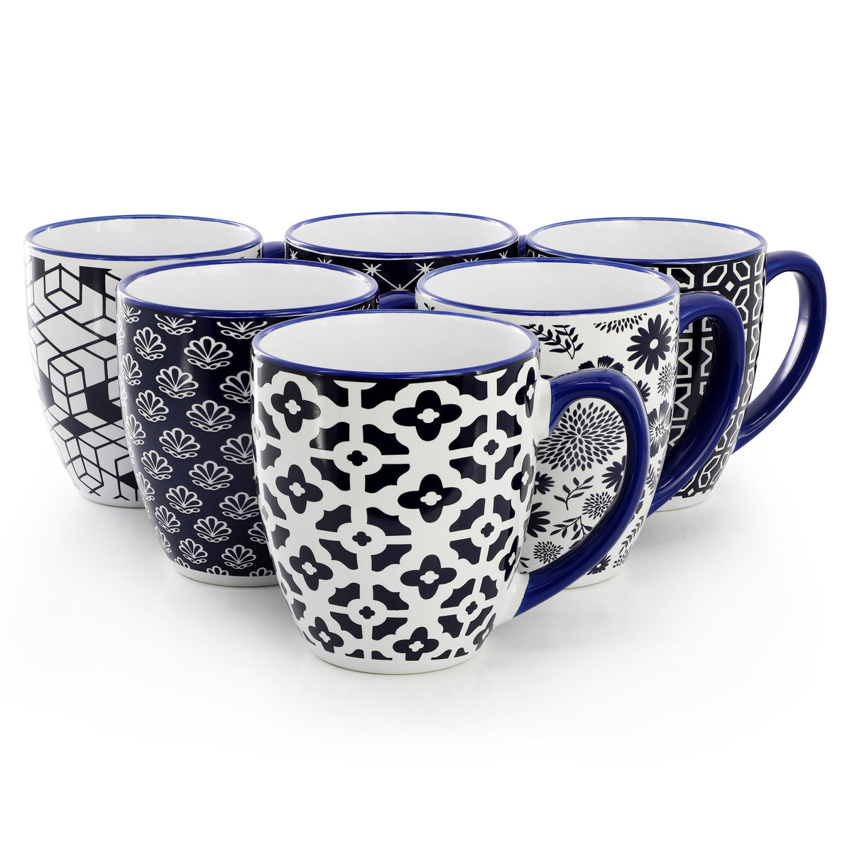 Stoneware Coffee Mug Set of 6, 16 Oz, Assorted Navy Blue and White Designs, by Elama Flyn