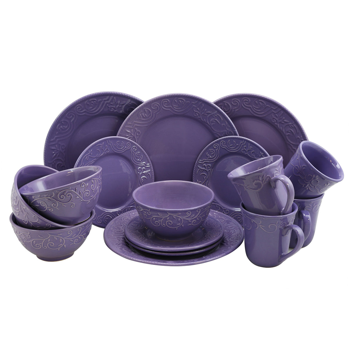 Stoneware Dinnerware Set for 4, 16 Piece with Mugs, Embossed Lavender Plates and Bowls, Elama Lilac Fields