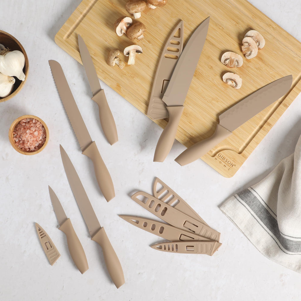 Gibson Home Bostonville 12-Piece Nonstick Stainless Steel Knife Set - Beige, 6 Knives with Matching Blade Guards