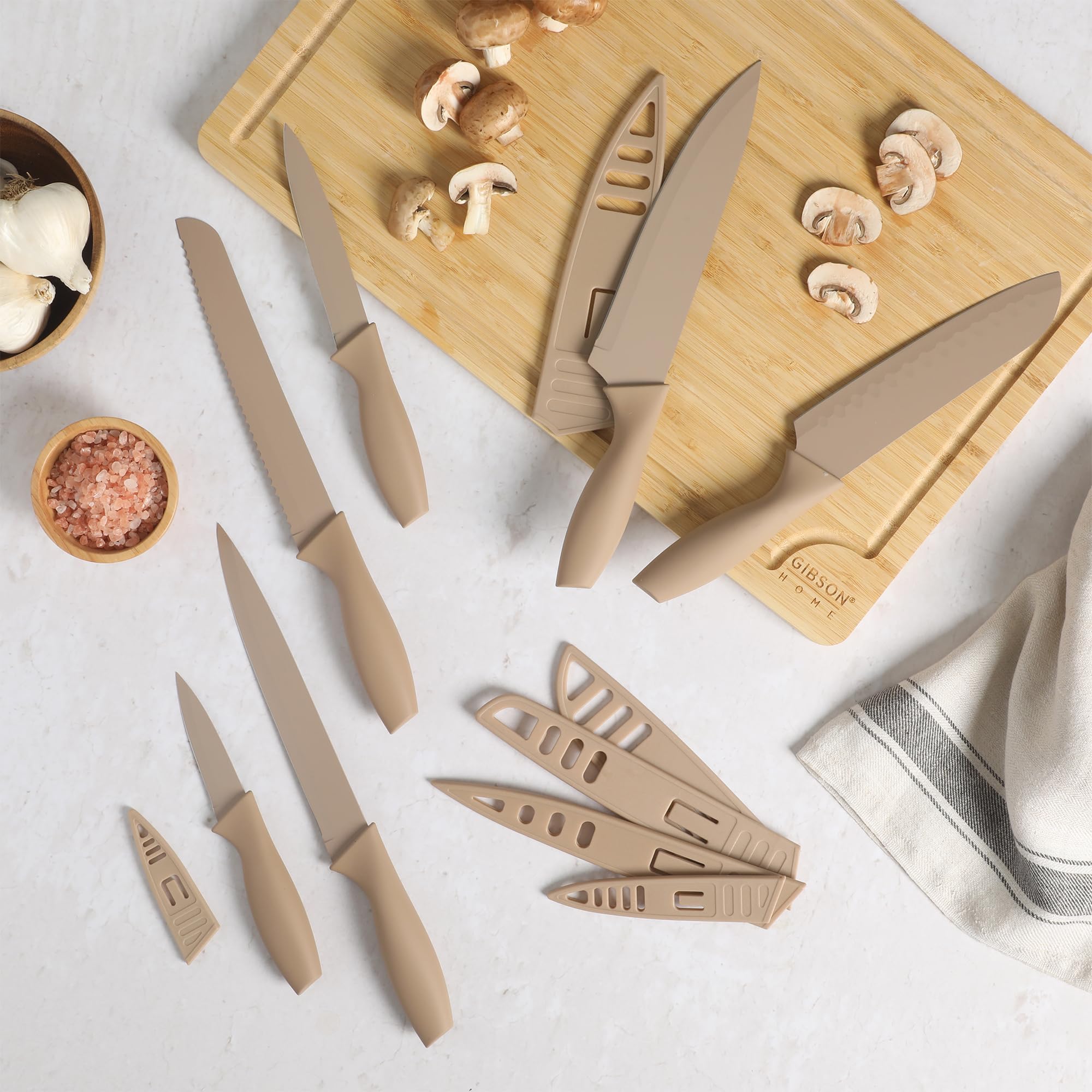 Gibson Home Bostonville 12-Piece Nonstick Stainless Steel Knife Set - Beige, 6 Knives with Matching Blade Guards
