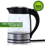 Megachef Glass and Stainless Steel Electric Tea Kettle, 1.8 L Cordless Borosilicate Kettle with LED and Auto Shut-Off