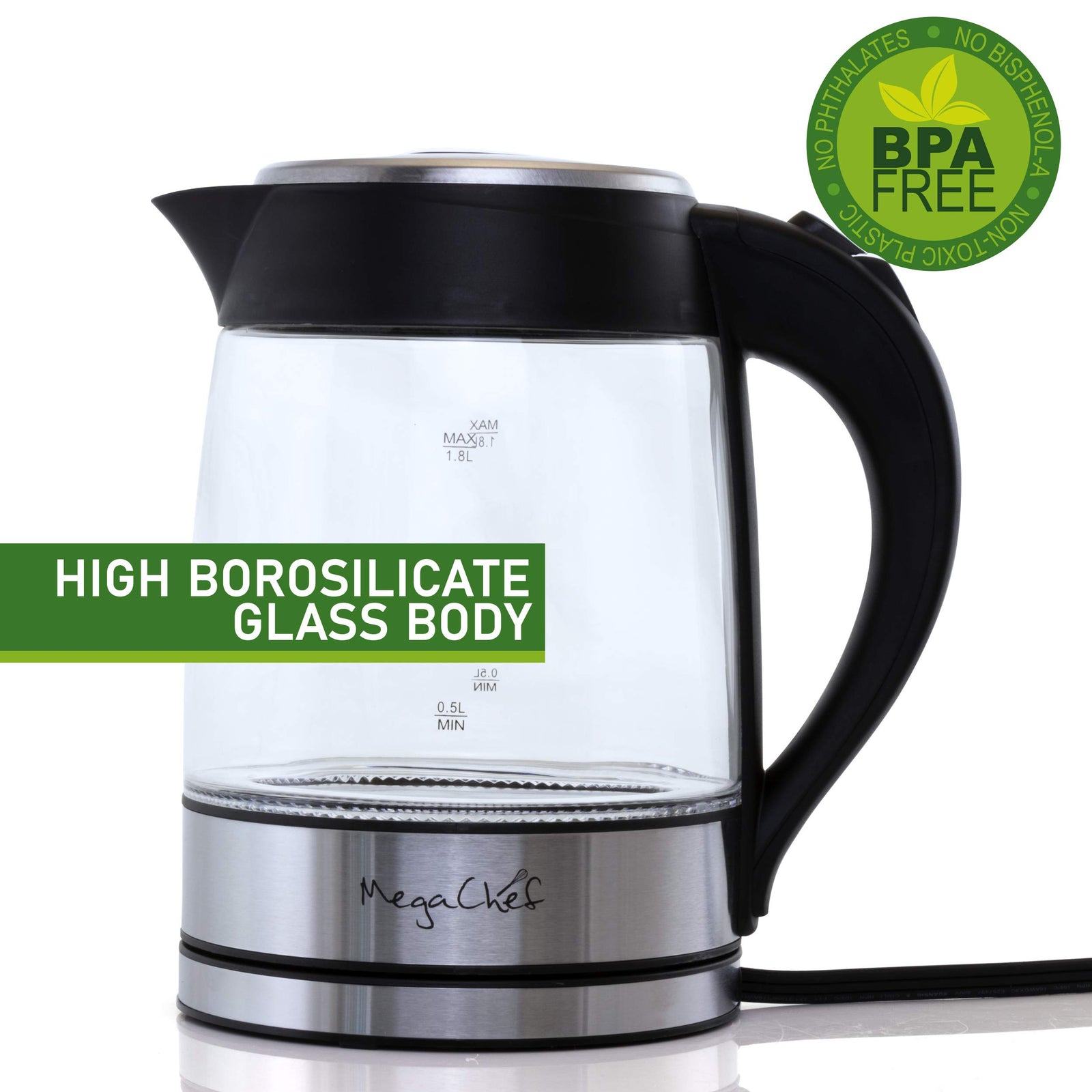 Megachef Glass and Stainless Steel Electric Tea Kettle, 1.8 L Cordless Borosilicate Kettle with LED and Auto Shut-Off