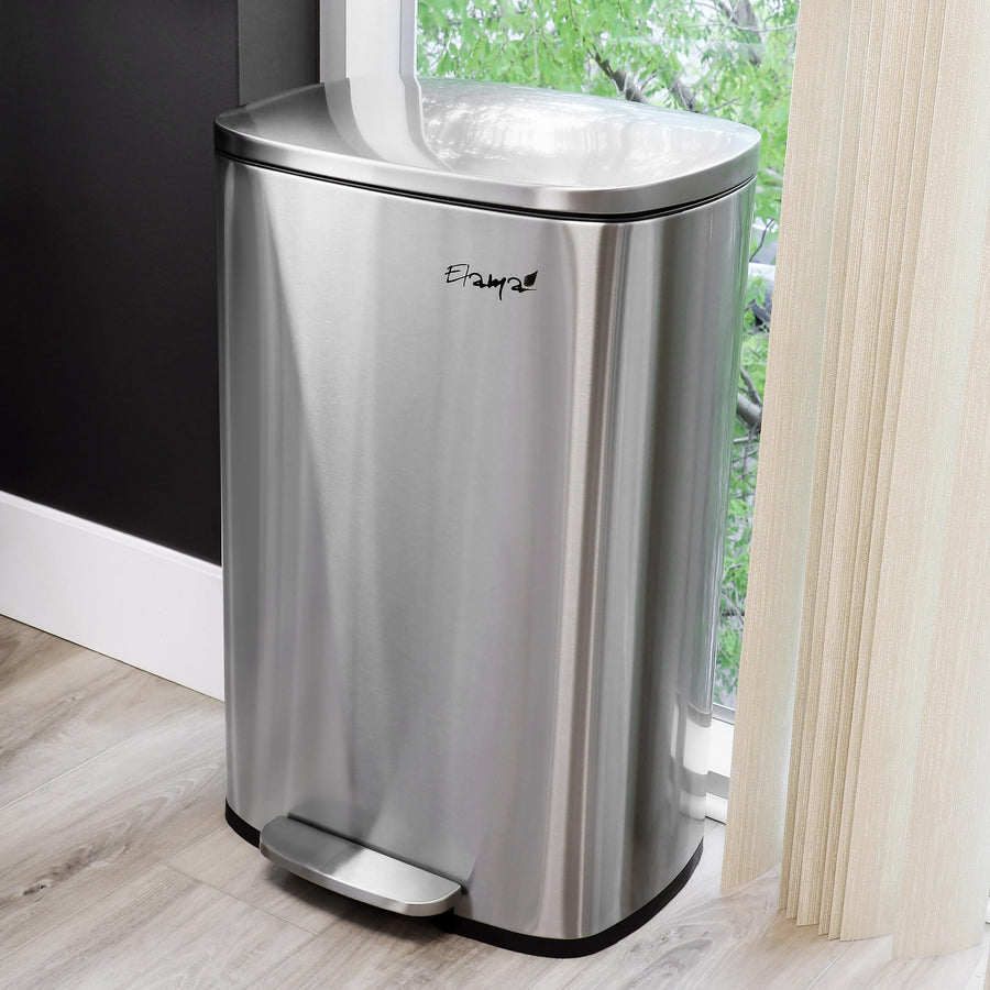 Stainless Steel Step Trash Can, 13 Gallon (50 L) Rectangular with Slow-Close Lid, Matte Silver, by Elama