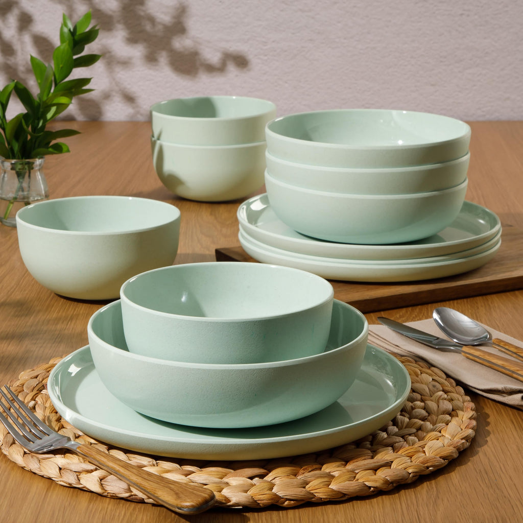 Gibson Home Candy Skies 12 Piece Unbreakable Wheat Straw Melamine Plates and Bowls Dinnerware Set - Outdoor, Camping, & Everyday Use - Matte Exterior/Shiny Interior Green