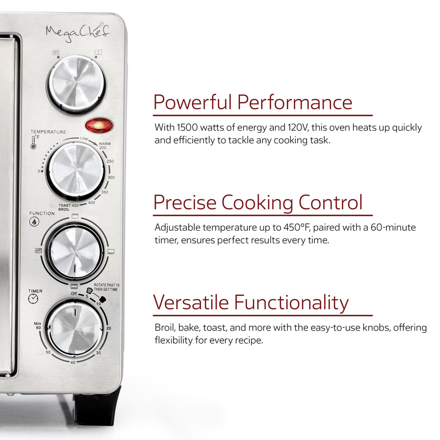 Close-up of the MegaChef toaster oven control knobs for temperature up to 450 F, function and 60-minute timer