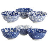 Porcelain Footed Bowl Set of 6, 20 Oz Soup and Cereal Bowls, Assorted Blue and White Designs, Elama Moxy