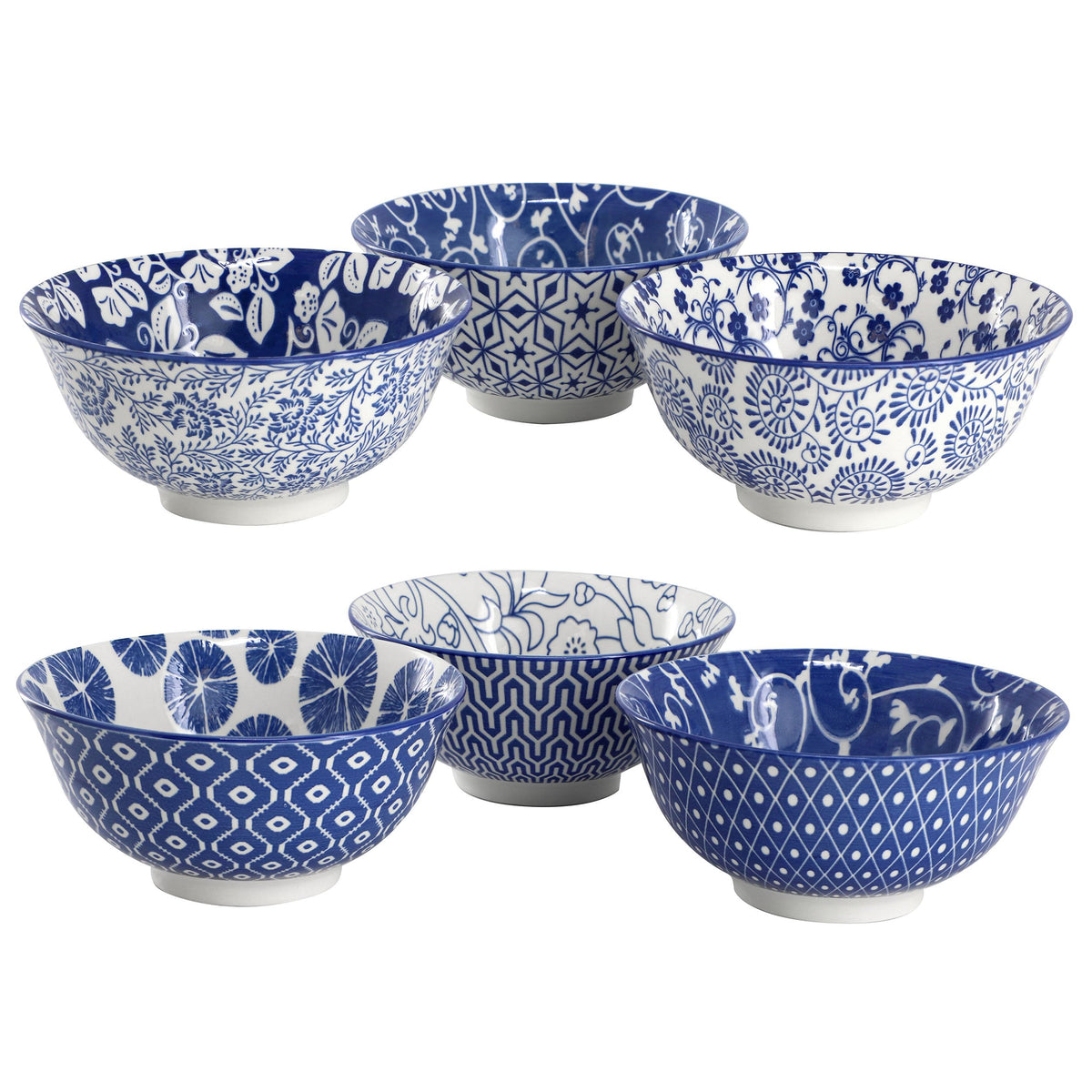 Porcelain Footed Bowl Set of 6, 20 Oz Soup and Cereal Bowls, Assorted Blue and White Designs, Elama Moxy