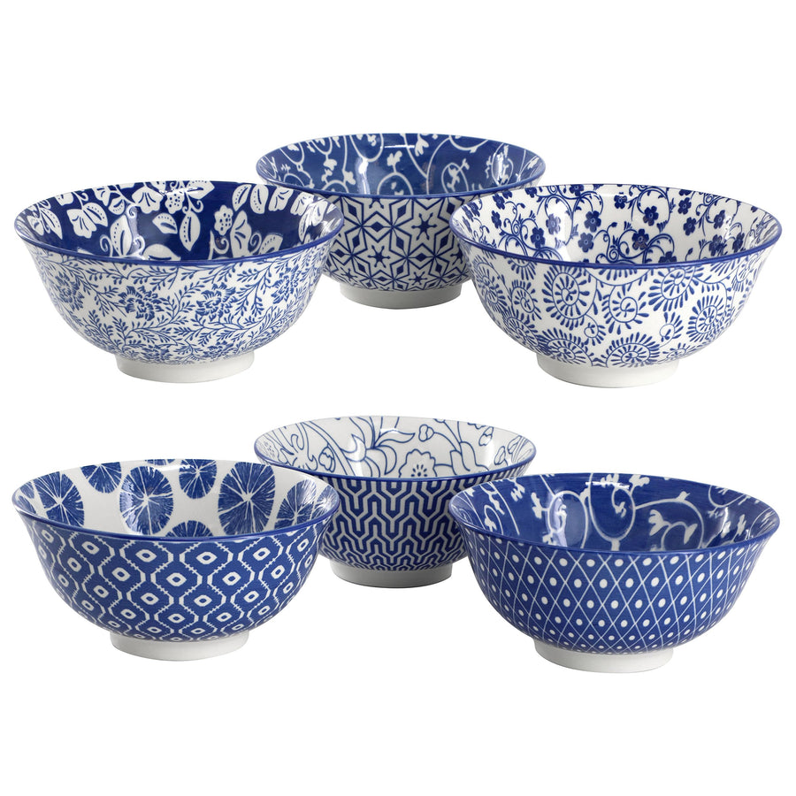 Porcelain Footed Bowl Set of 6, 20 Oz Soup and Cereal Bowls, Assorted Blue and White Designs, Elama Moxy