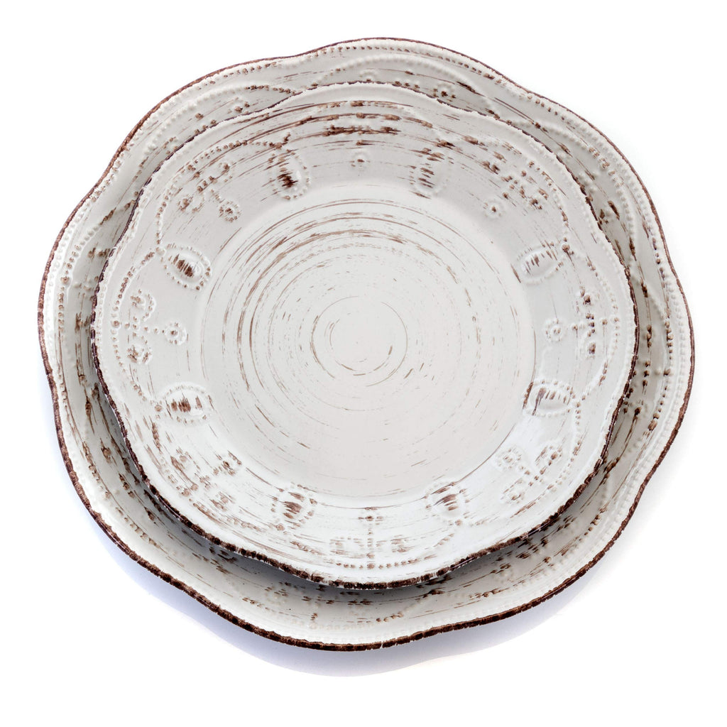 Elama Rustic Birch 16-Piece Embossed Scalloped Stoneware Dinnerware Set – White with Brown Accents Service for 4