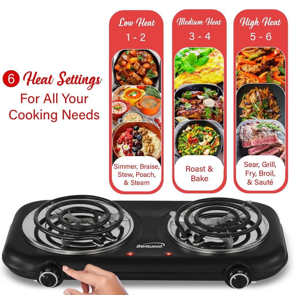 Brentwood TS-363BK 1100W Countertop Double Coiled Electric Burner - Black, Temperature Control with Power Indicator