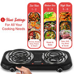 Brentwood TS-363BK 1100W Countertop Double Coiled Electric Burner - Black, Temperature Control with Power Indicator