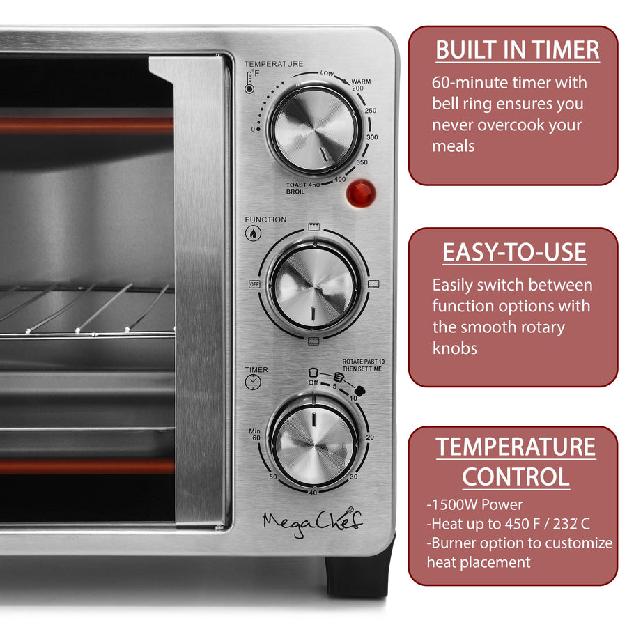 MegaChef 26.4 Quart French Door Stainless Steel Toaster Oven with Bake, Broil & Toast, Temperature & Timer Control