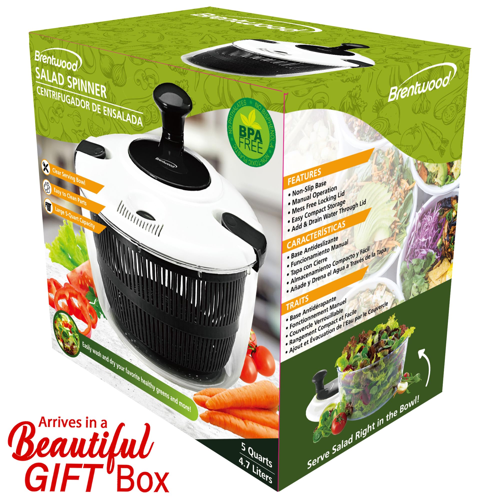 Brentwood KA-5030BK 5-Quart Salad Spinner with Serving Bowl, Black