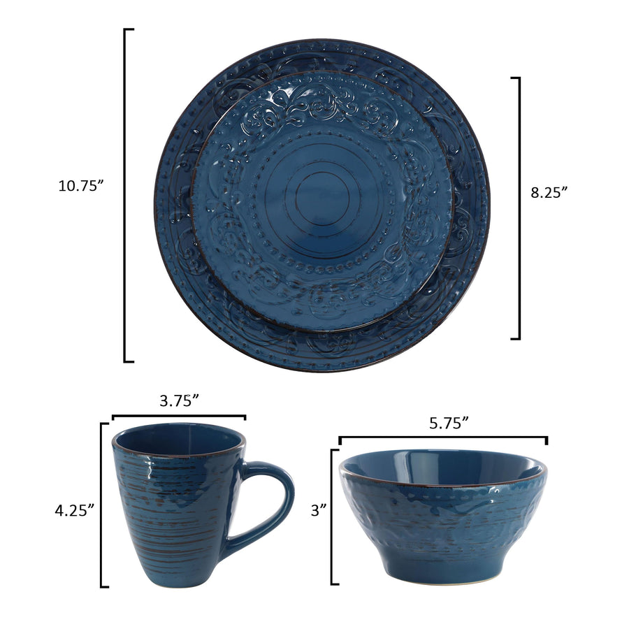 Elama Malibu Deep Ocean 16-Piece Stoneware Dinnerware Set, Reactive Glaze, Service for 4
