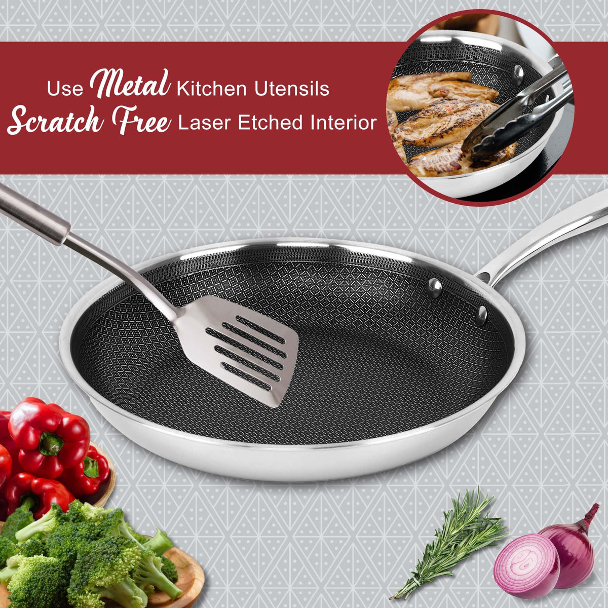 Brentwood B-FH28 11-Inch 3-Ply Hybrid Non-Stick Stainless Steel Frying Pan - Induction Ready, Metal-Utensil Safe