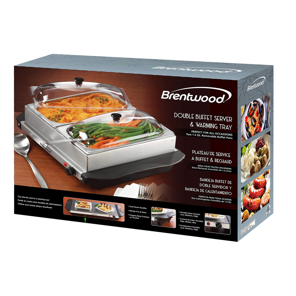 Brentwood BF-215 3-Quart 2-Pan Buffet Server & Warming Tray, Brushed Stainless Steel - Two 1.5 Qt Pans with Lids