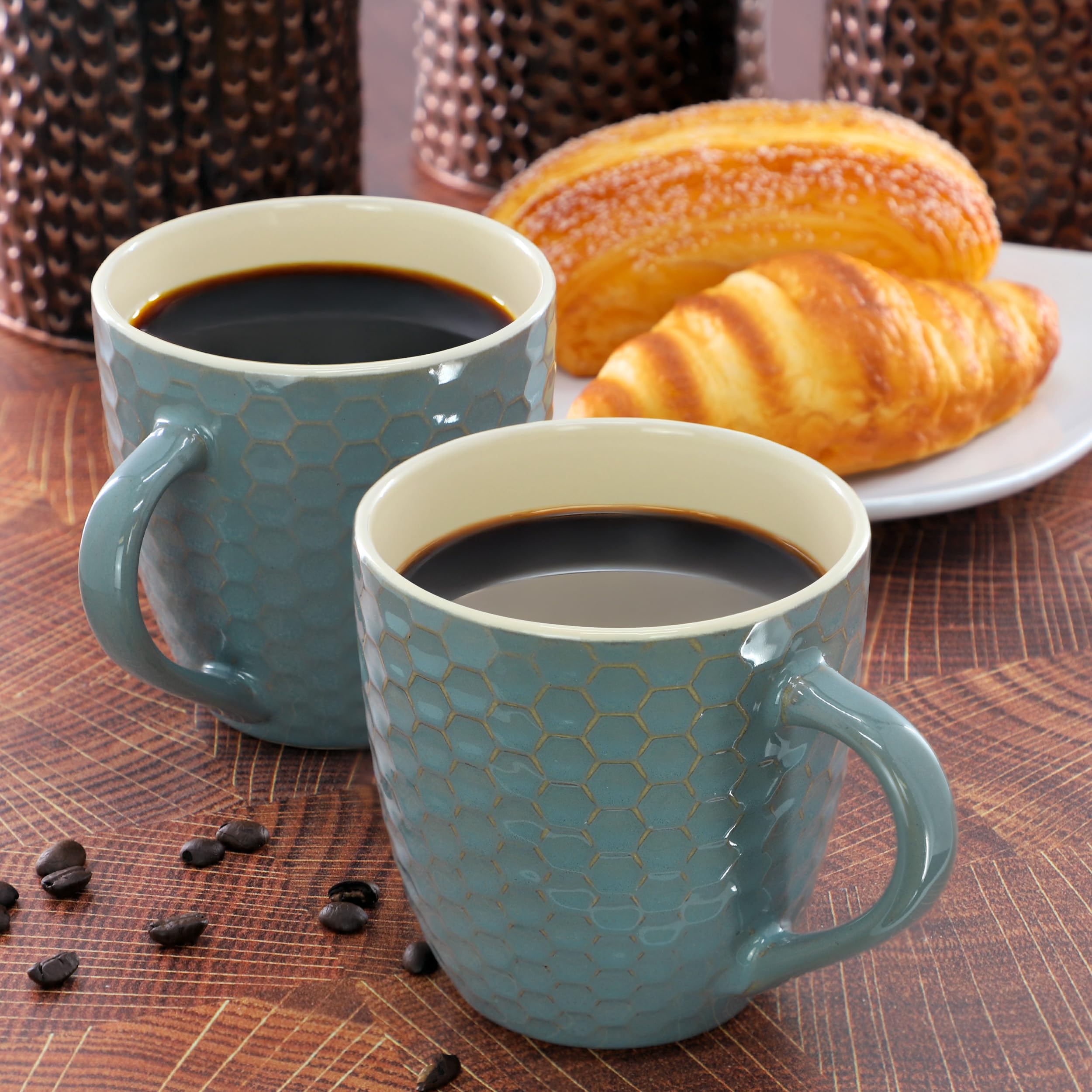 Elama Honeycomb 6-Piece 15 oz Stoneware Mug Set - Assorted White, Purple & Taupe with Embossed Honeycomb Texture
