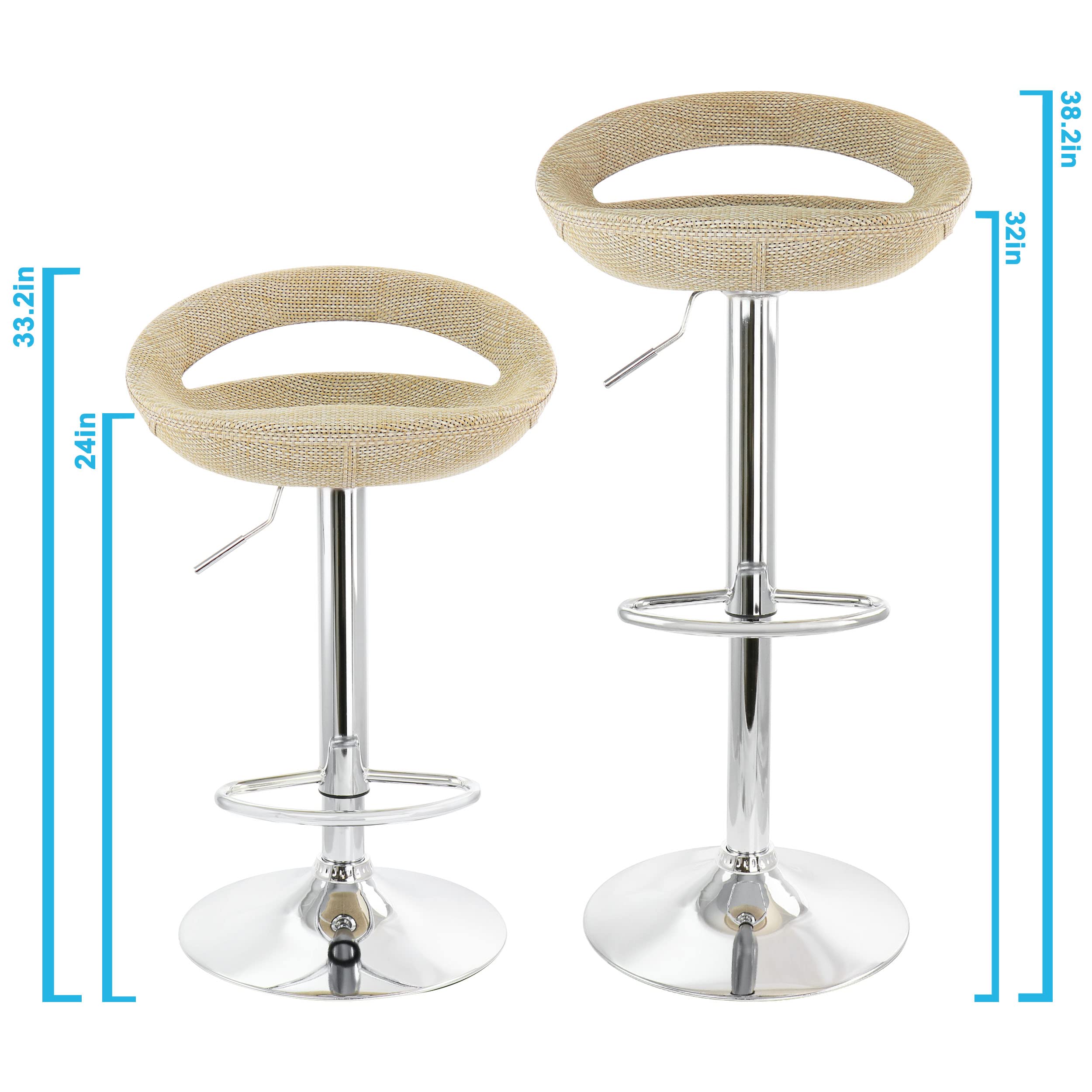 Elama Adjustable Rattan Bar Stool Set of 2 – Tan with Chrome Base (ELM-905)