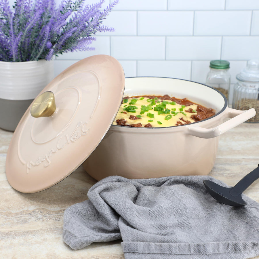MegaChef 5.3 Quart Round Enameled Cast Iron Casserole with Self-Basting Lid, Peanut Butter