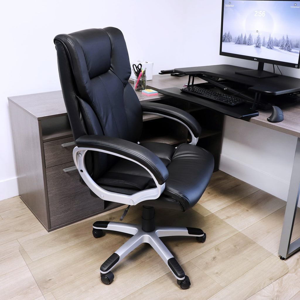 Elama Ergonomic Rolling Office & Gaming Chair – High-Back Executive Desk Chair with Faux Leather, Padded Armrests & 360° Swivel (Black with Silver Base)