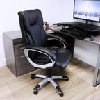Elama Ergonomic Rolling Office & Gaming Chair – High-Back Executive Desk Chair with Faux Leather, Padded Armrests & 360° Swivel (Black with Silver Base)