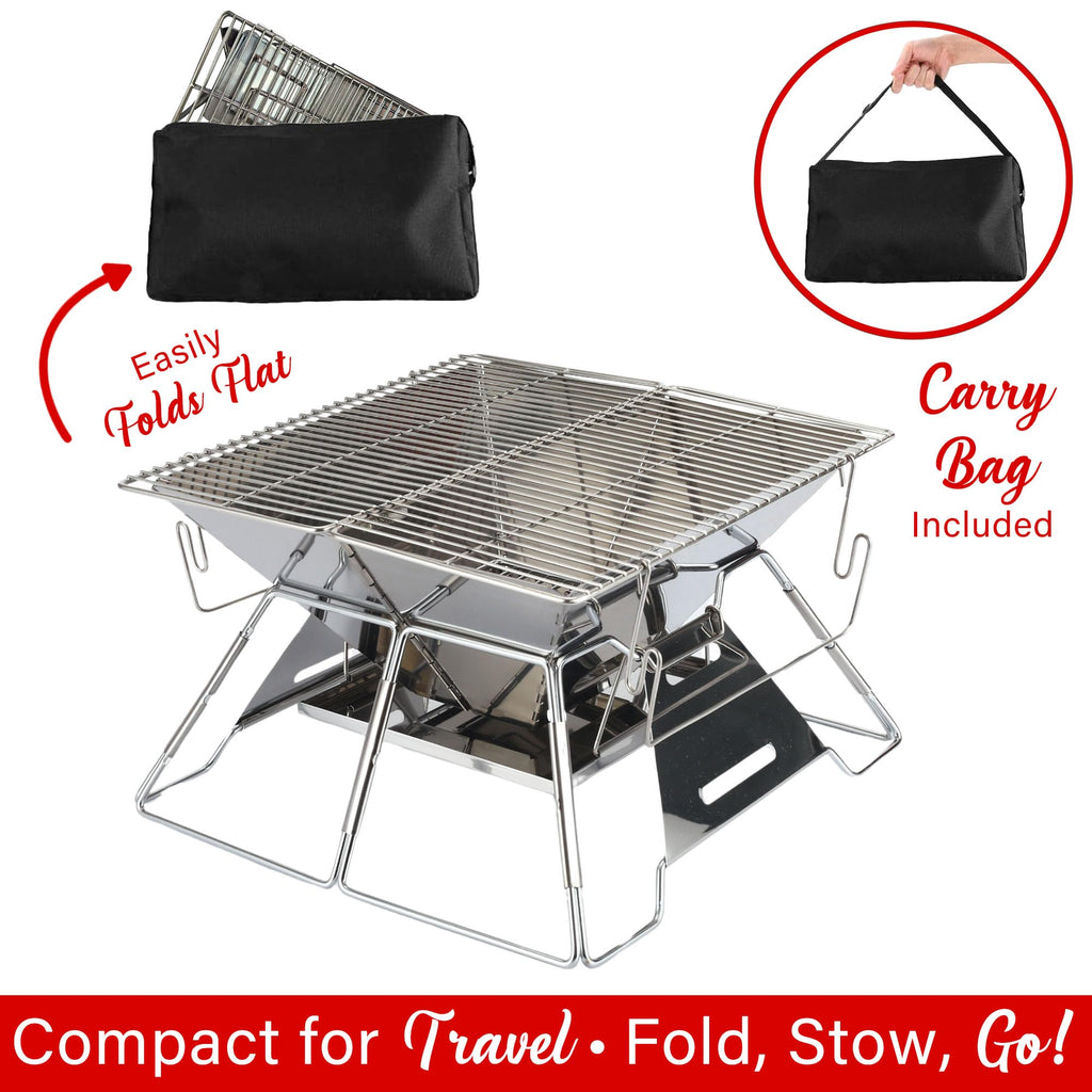 Brentwood BB-6X20SS 20 Inch Portable Folding Stainless Steel Charcoal BBQ Grill and Fire Pit with Carry Bag