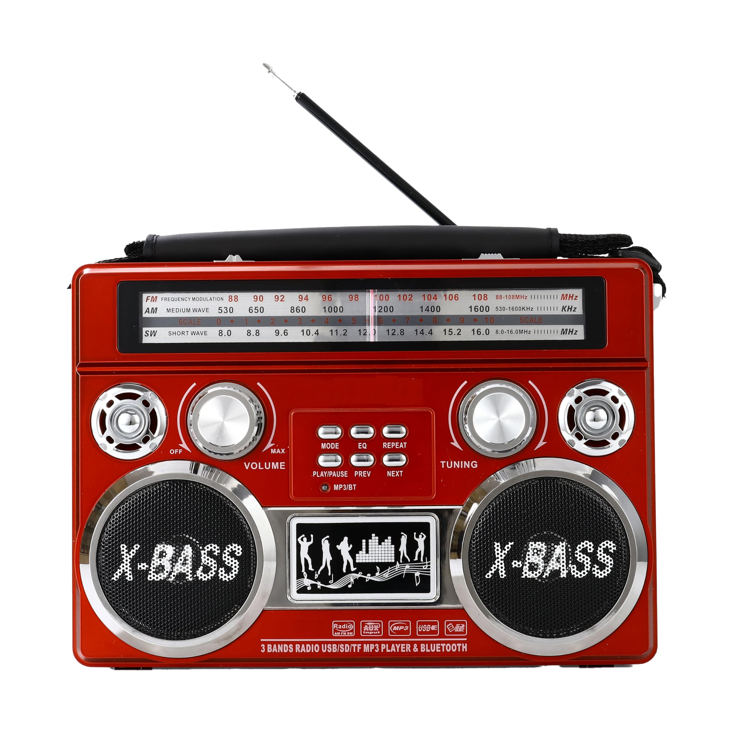SuperSonic SC-1097BT 3-band AM/FM/shortwave Bluetooth radio with flashlight, red