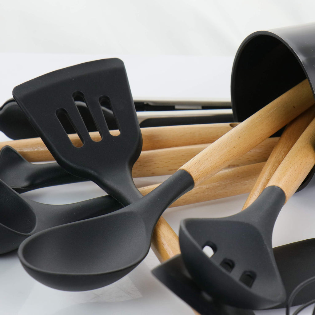 MegaChef 12-Piece Silicone & Wood Cooking Utensil Set – Black, Nonstick-Safe with Countertop Holder