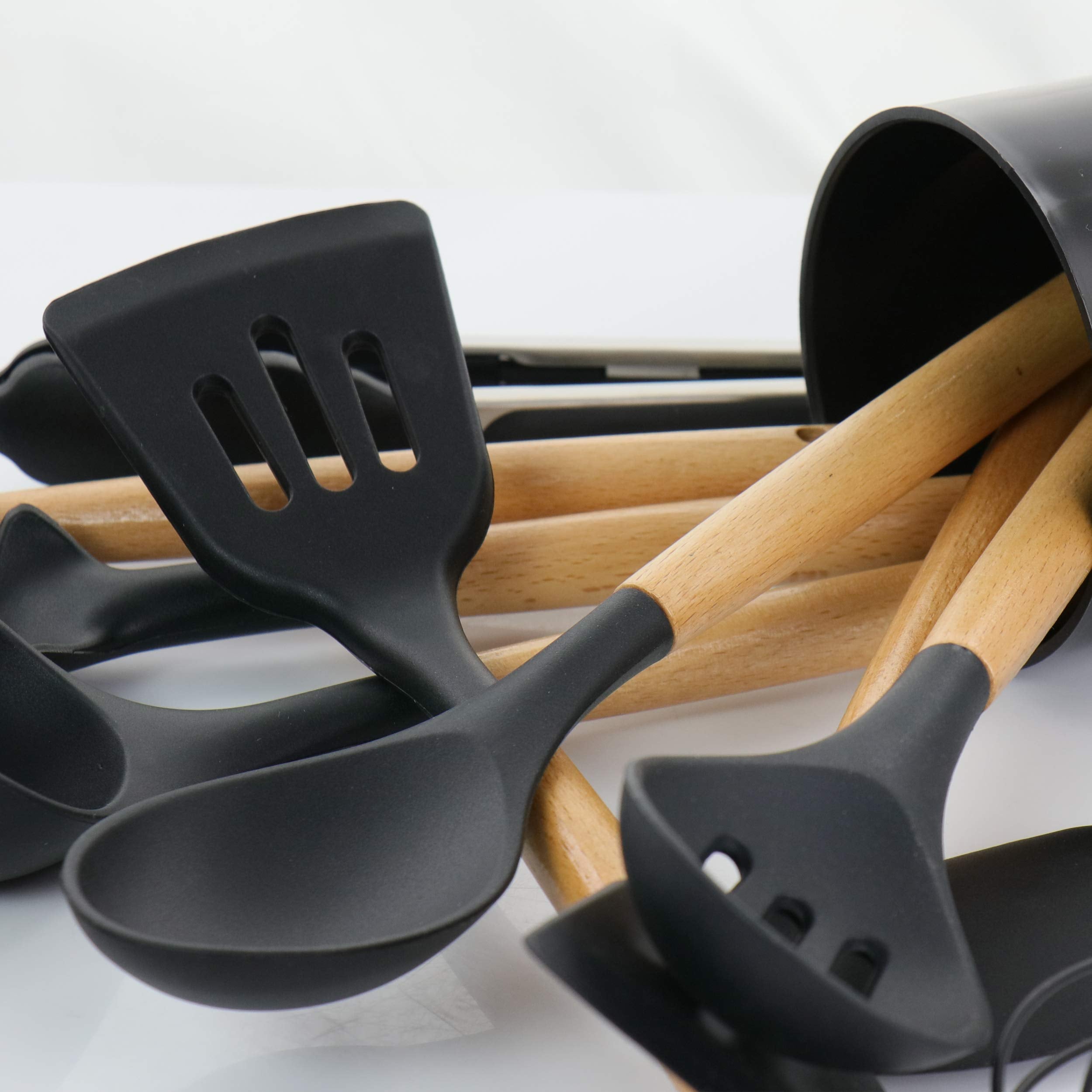 MegaChef 12-Piece Silicone & Wood Cooking Utensil Set – Black, Nonstick-Safe with Countertop Holder