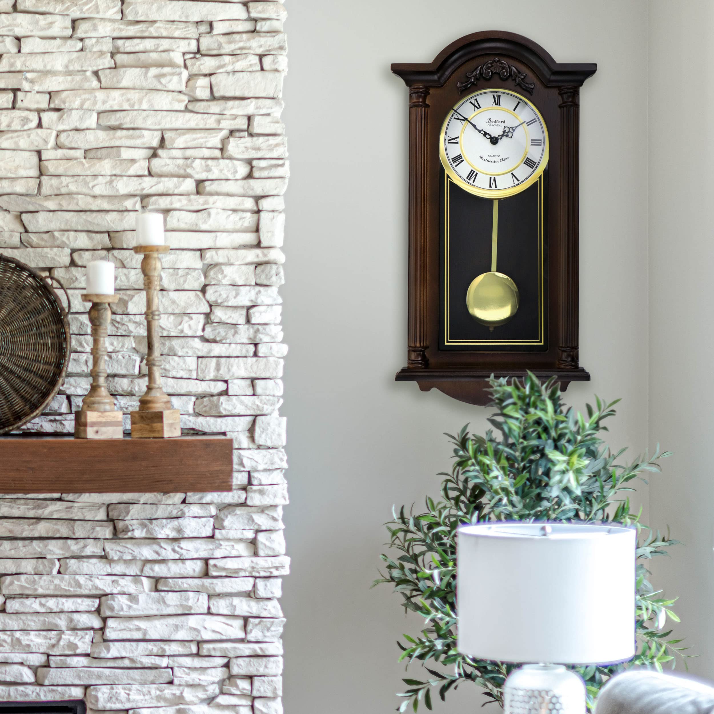 Bedford Clock Collection Noah 22" Chestnut Wood Chiming Pendulum Wall Clock – Quartz Westminster Chimes with Roman Numeral Dial & Swinging Pendulum