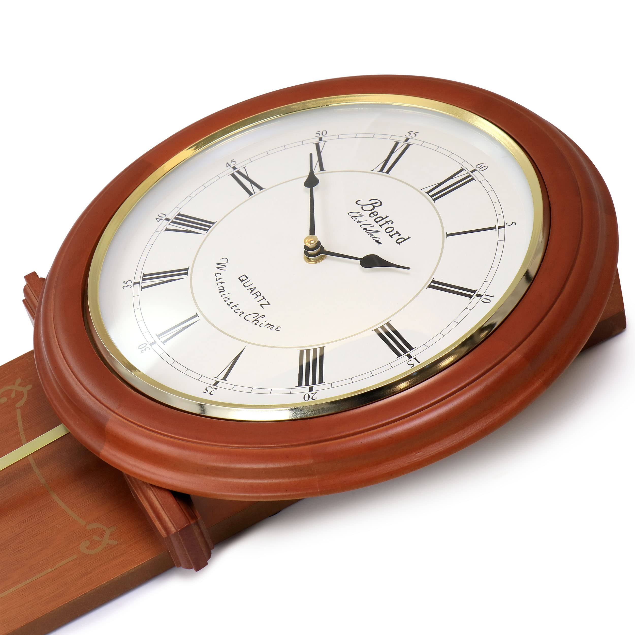 Bedford Clock Collection Olivia 24.5" Cherry Wood Chiming Pendulum Wall Clock — Quartz Westminster Heirloom Wall Clock for Living Room, Dining Room & Foyer