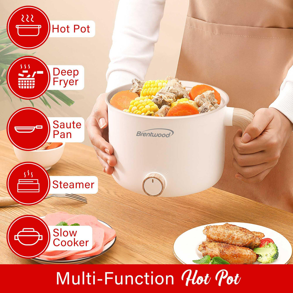 Brentwood HP-3170W 1.5L Multi-Function Electric Hot Pot Cooker - White, 600W with Ceramic Non-Stick Coating & Tempered Glass Lid