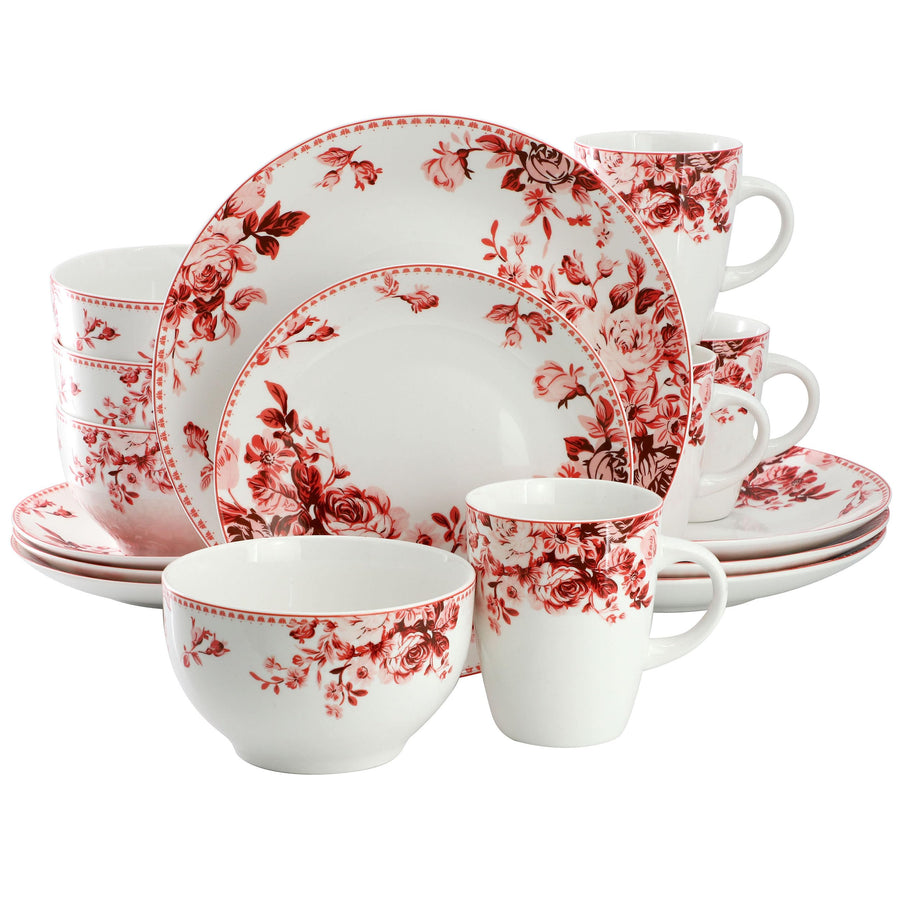 Elama Traditional Rose 16-Piece Red Stoneware Dinnerware Set, Service for 4