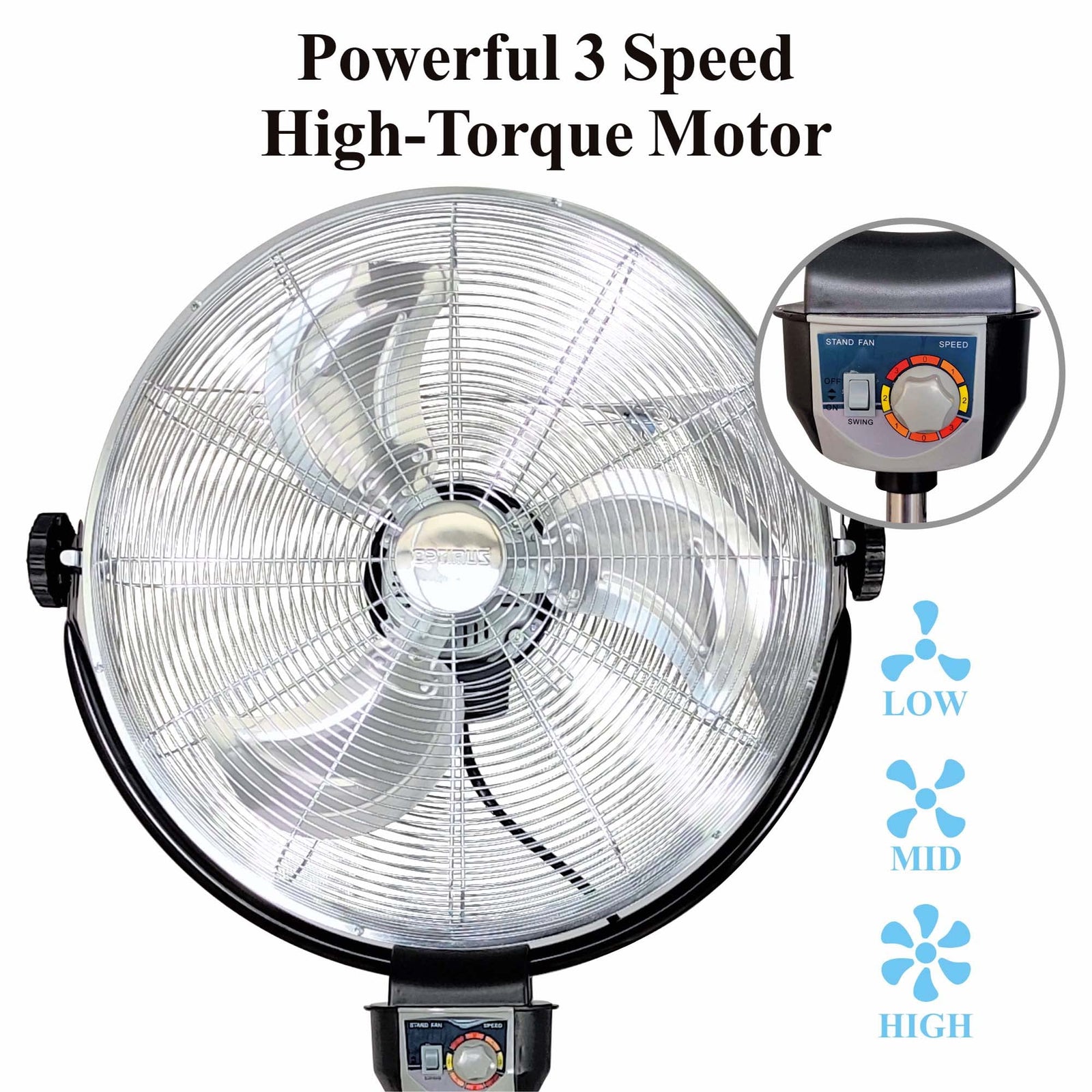 Optimus F-4205 20-Inch 3-Speed Industrial-Grade High-Velocity Oscillating Stand Fan, Chrome Grill