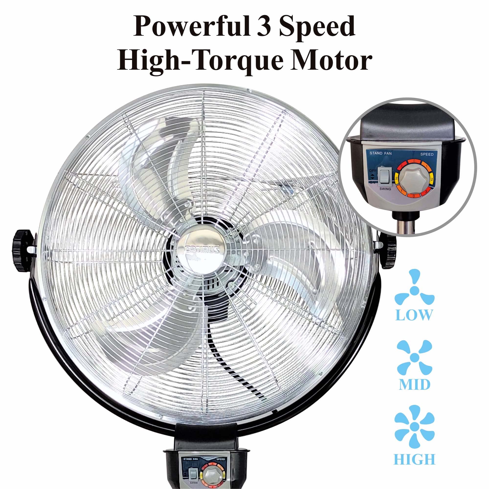 Optimus F-4205 20-Inch 3-Speed Industrial-Grade High-Velocity Oscillating Stand Fan, Chrome Grill