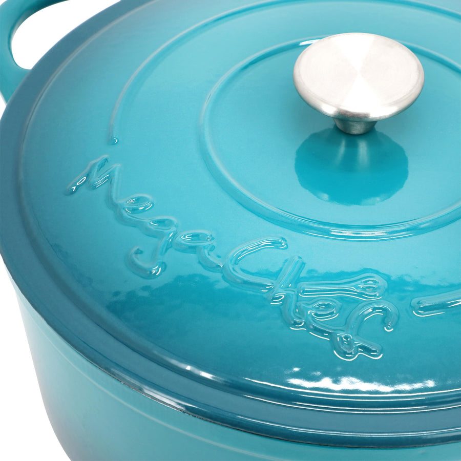MegaChef 6.35 Quart Round Enameled Cast Iron Dutch Oven with Self-Basting Lid and Dual Handles, Light Blue