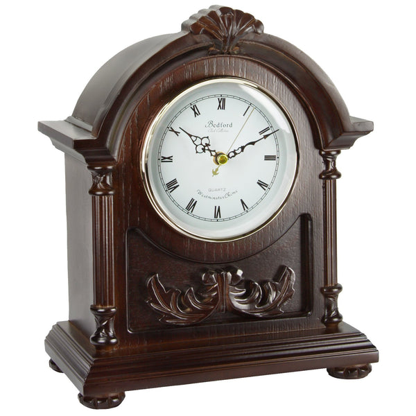 Bedford Clock Collection Wood Mantel Clock with Westminster Chimes – Traditional Quartz Shelf Clock, Dark Wood Finish with Roman Numeral Dial