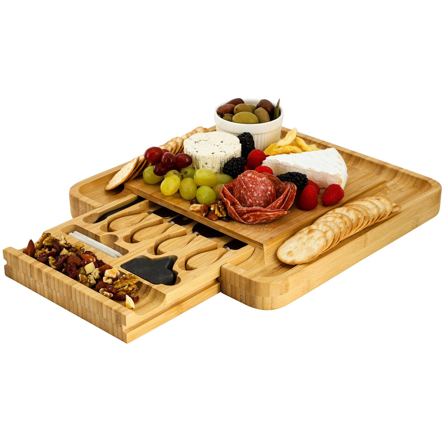 Elama Bamboo Charcuterie Cheese Board with Slide-Out Drawer, Cheese Utensils, Bottle Opener and 3-Piece Mini Chalkboard Set