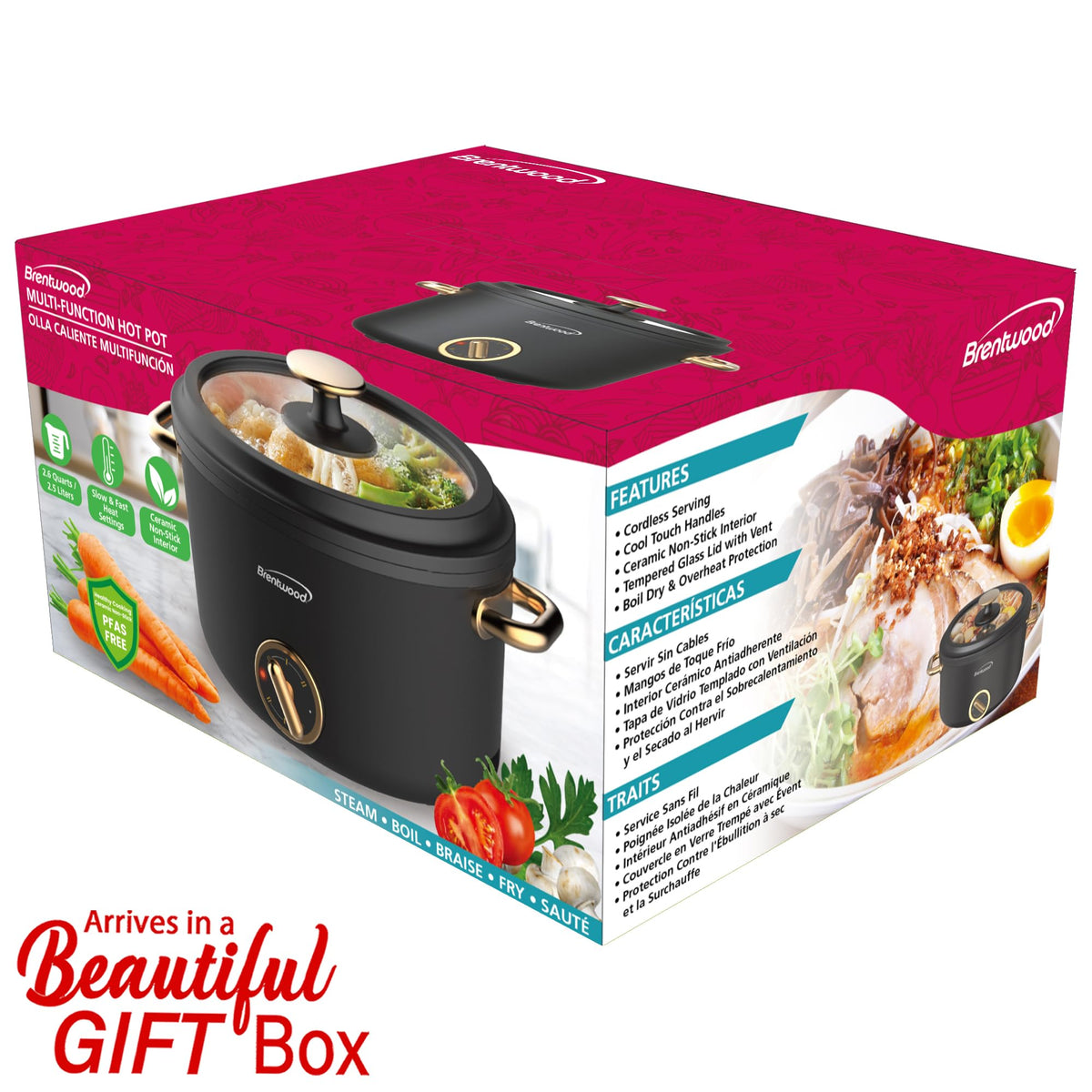 Brentwood HP-3250BK 2.5 Liter (2.6 Qt) 700W Electric Hot Pot Cooker with Ceramic Nonstick Interior, 2 Heat Settings, Vented Glass Lid, Black