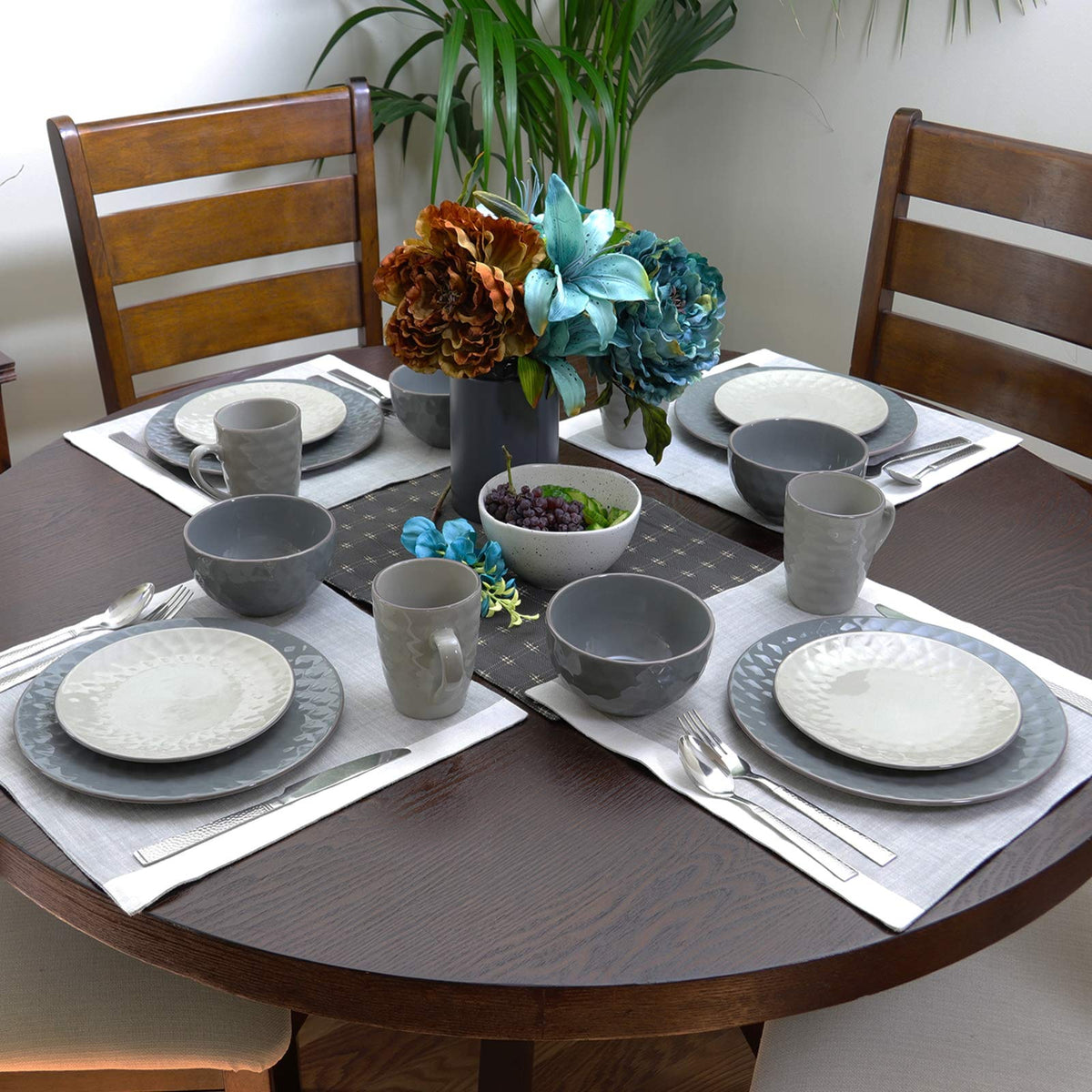 Elama Tahitian Pearl 16-Piece Stoneware Dinnerware Set in Slate and Stone Pearl, Service for 4